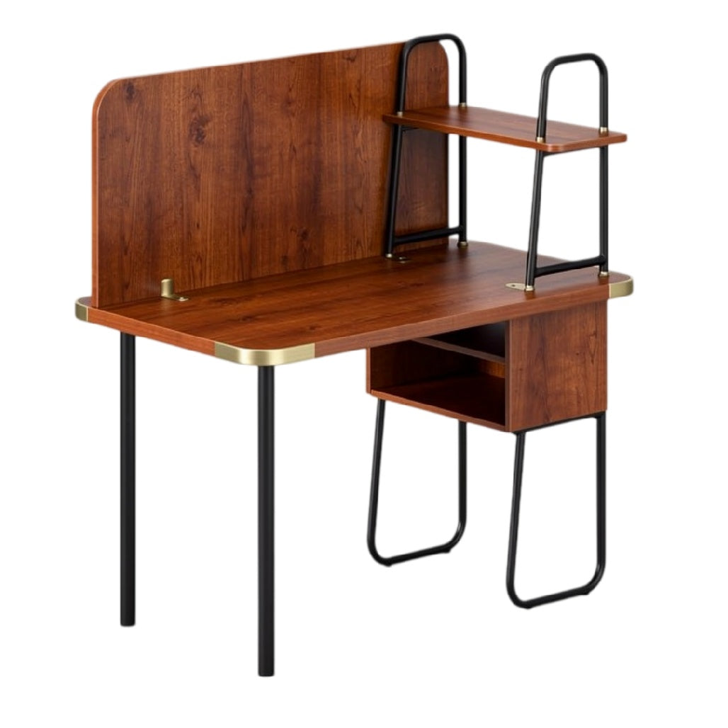 **Technische titel in het Nederlands: Minimalistisch bureau met houten afwerking en metalen poten**
