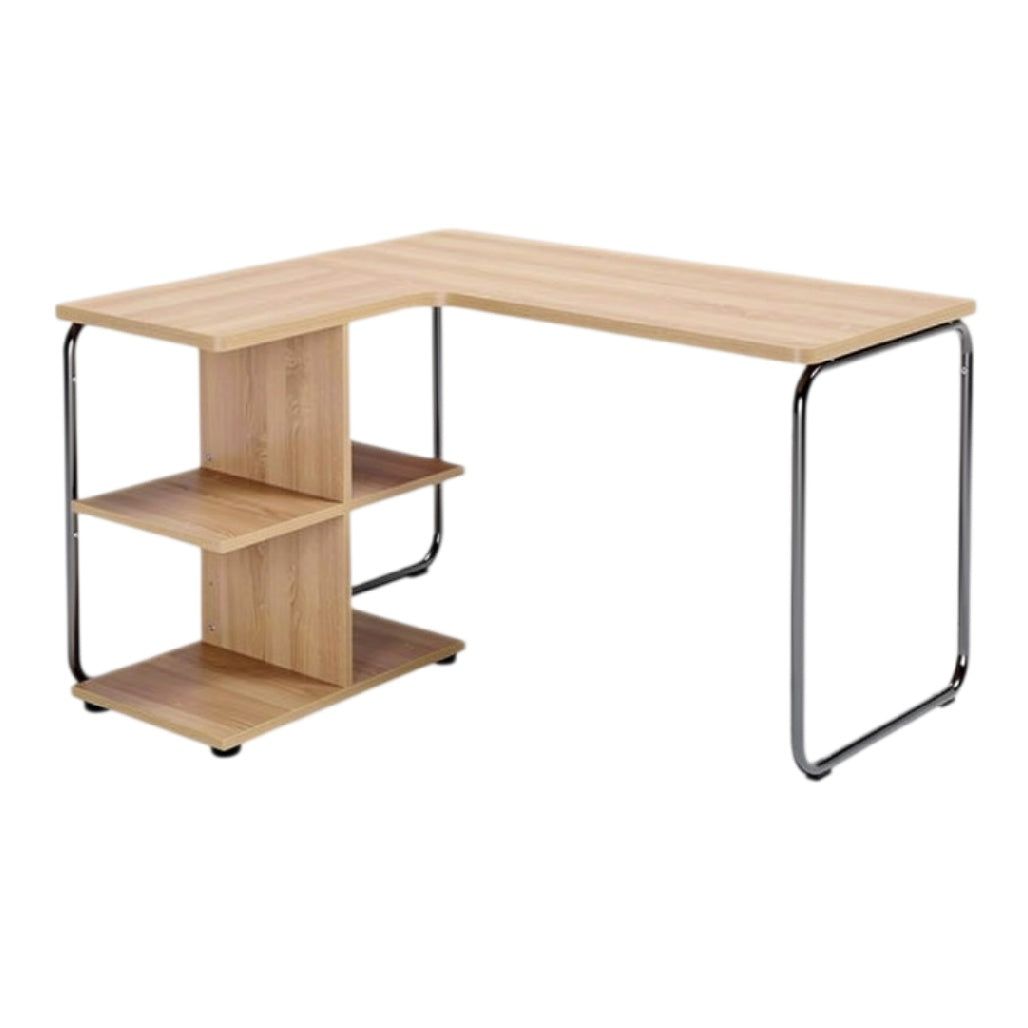 Titel in het Nederlands: **L-vormig bureau met houten blad en metalen frame**