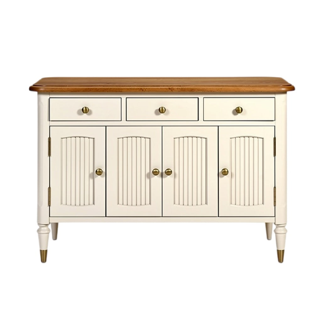 **Technische titel in het Nederlands: Elegante witte kast met houten blad en verticale groeven**