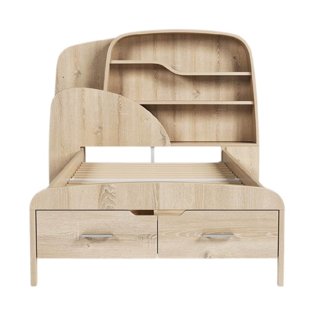 Titel: **Moderne Bed met Opbergvakken en Boekenplank**