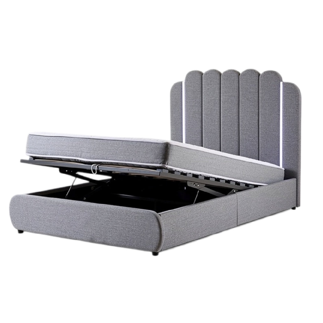 **Technische titel in het Nederlands: ** Modern gestoffeerd bed met opbergruimte en hefmechanisme
