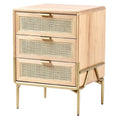 **Technische titel in het Nederlands:** Moderne houten nachtkast met drie rieten lades en gouden accenten