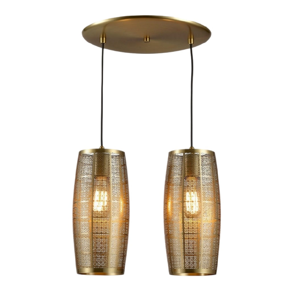 Technische titel in het Nederlands: **Moderne Hanglamp met Twee Gouden Lampenkappen**